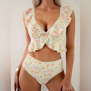 Floral Flutter Bikini Set High Waisted Ruffle Top Spring Swim NWT
